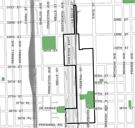 35th/State TIF district, roughly bounded on the north by 31st Street, Pershing Road on the south, State Street on the east, and Wentworth Avenue on the west.